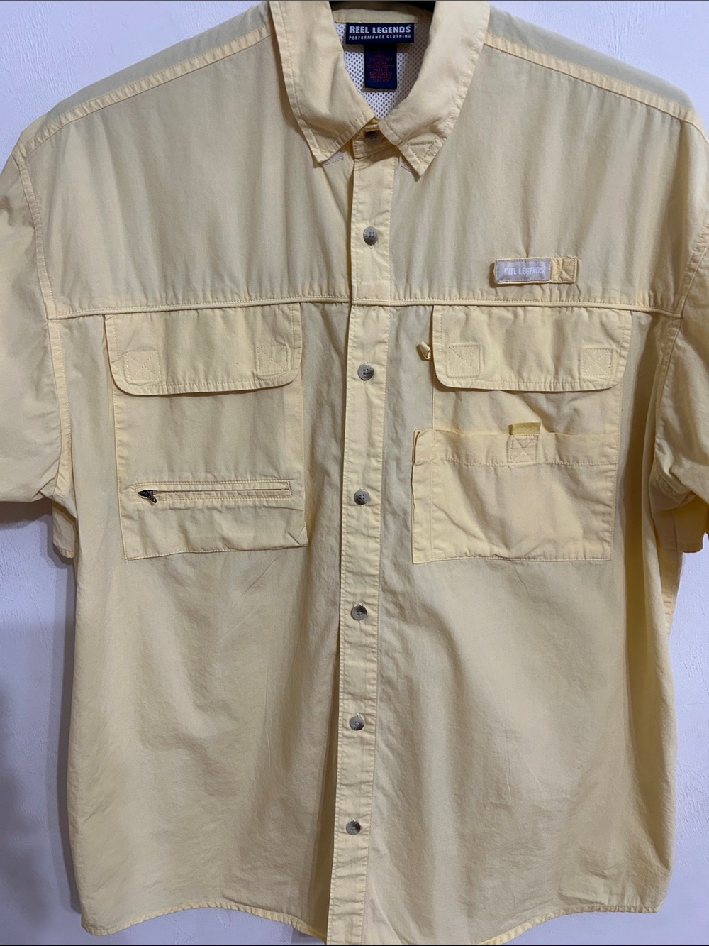 Reel Legends Men's Short-Sleeve Button-Down Shirt - Light Yellow Size L 23 Chest